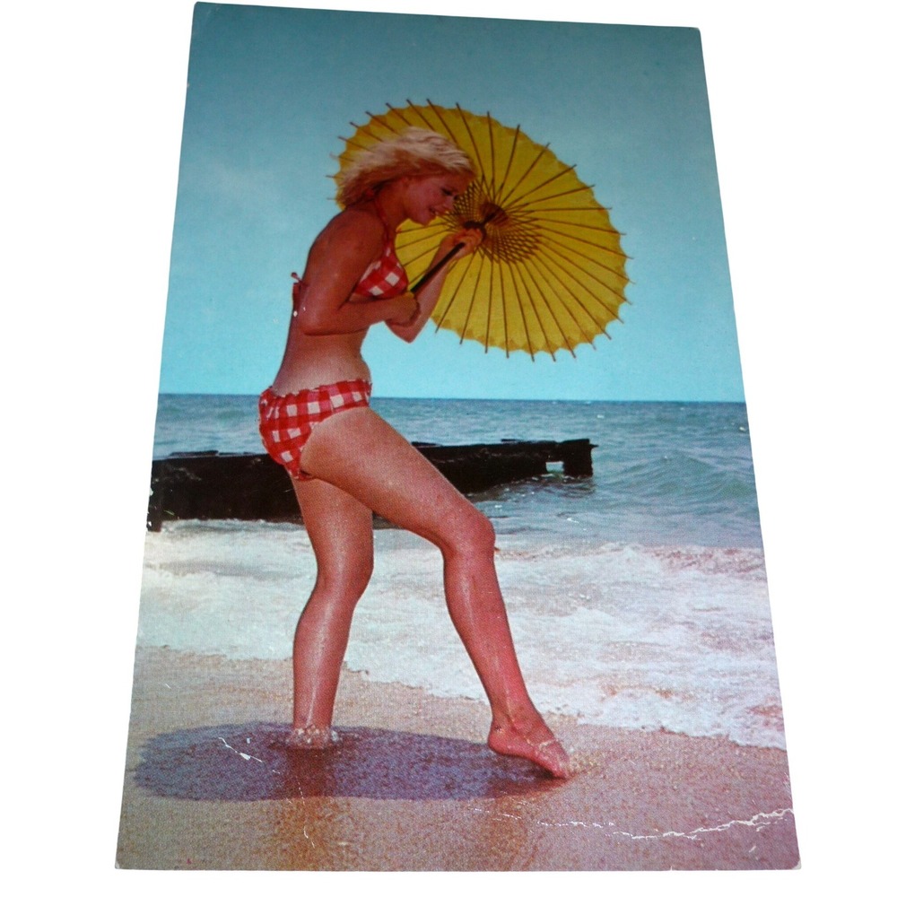 Vintage Bunny Yeager Pinup Postcard GN2 Cheerful Charmer Florida Bikini Parasol